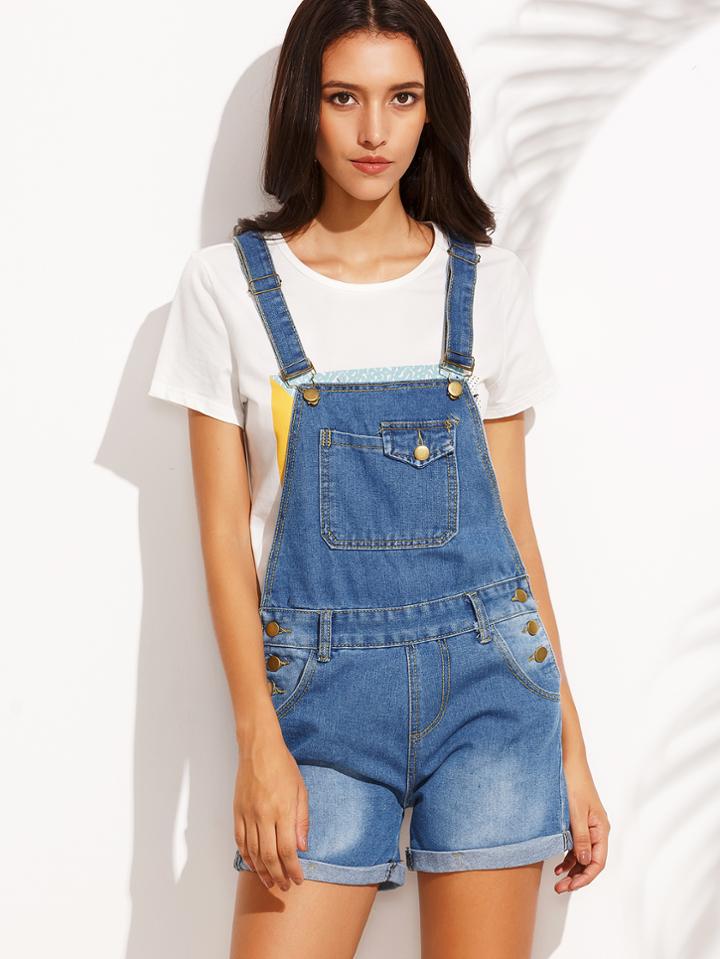 Shein Blue Roll Hem Bleach Wash Overall Denim Shorts
