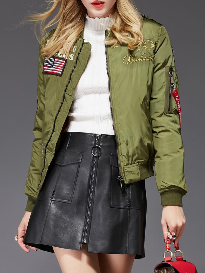 Shein Green Tiger Embroidered Zipper Coat
