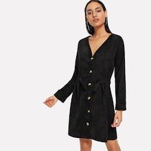 Shein Solid Drawstring Single Breasted Corduroy Dress