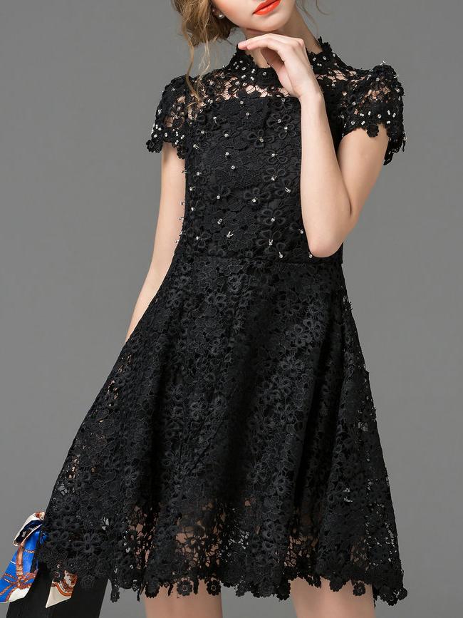 Shein Black Crochet Hollow Beading A-line Dress
