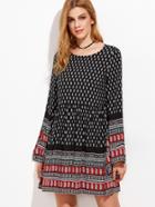 Shein Black Ornate Print Bell Sleeve A Line Dress