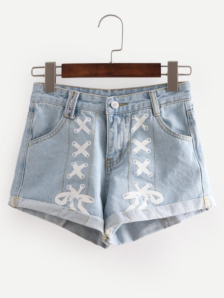 Shein Printed Rolled Hem Light Blue Denim Shorts