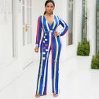 Shein Graphic Print Striped Deep V Neck Belted Jumpsuit