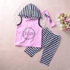 Shein Girls Letter Print Striped Hooded Vest And Pants With Headband