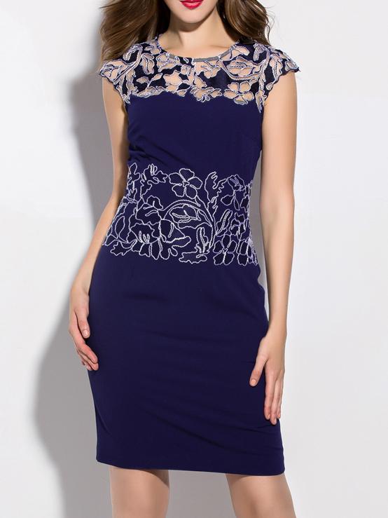 Shein Navy Sheer Disc Flowers Sheath Dress
