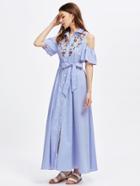 Shein Open Shoulder Bell Sleeve Flower Embroidered Shirt Dress