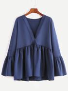 Shein Navy V Neck Bell Sleeve Peplum Blouse