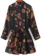 Shein Black Floral Print Drawstring Waist Shirt Dress