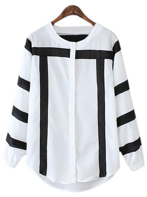 Shein Black White Stripe Lantern Sleeve Silk Blouse