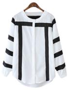 Shein Black White Stripe Lantern Sleeve Silk Blouse