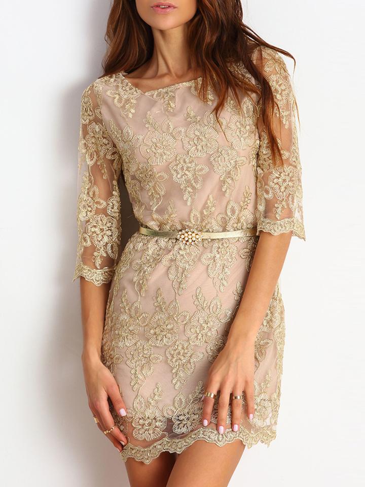 Shein Champagne Half Sleeve Lace Bodycon Dress