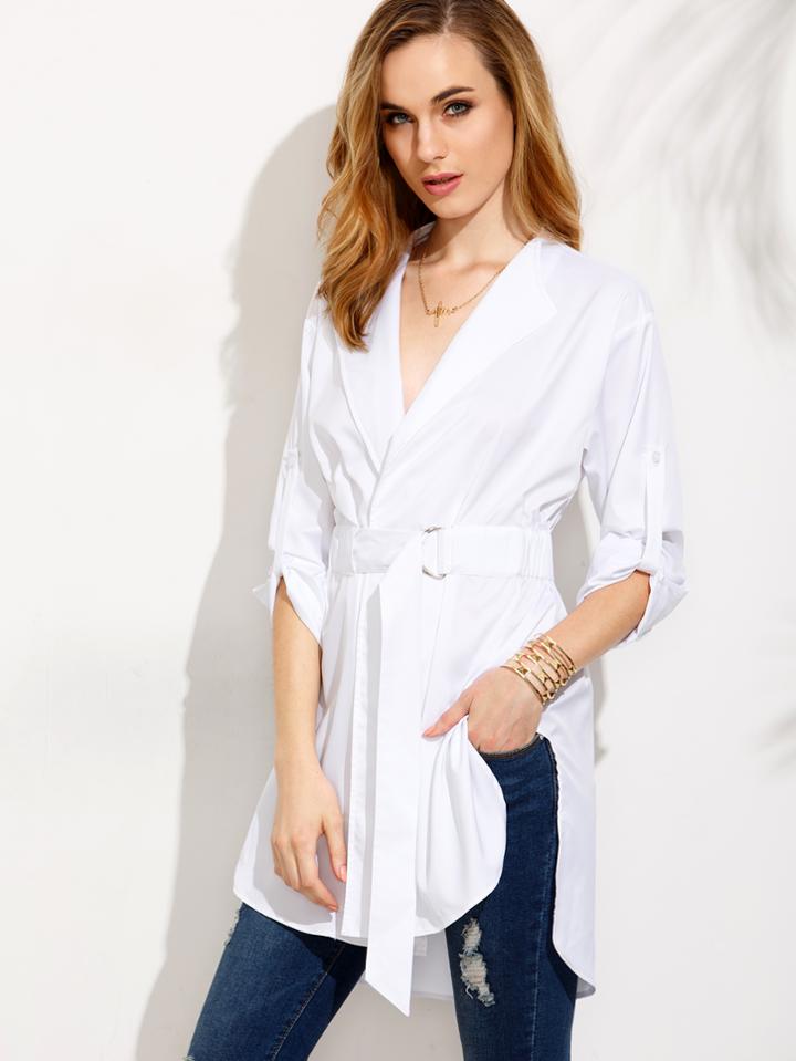 Shein White Lapel Tie Waist High Low Blouse