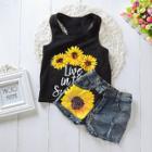 Shein Girls Letter And Sun Flower Print Vest With Denim Shorts
