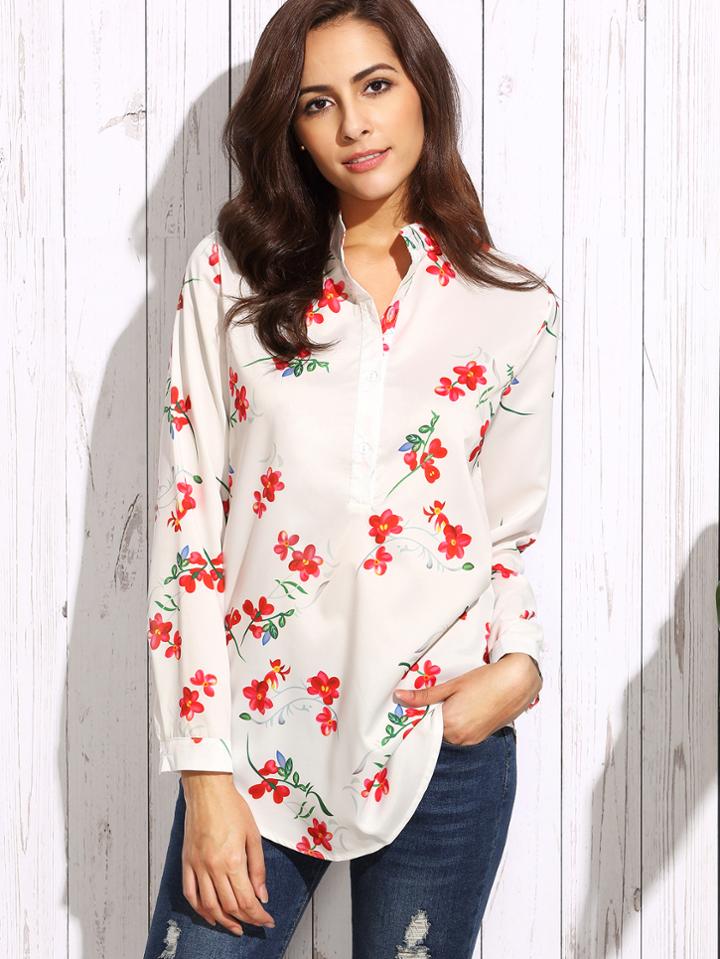 Shein White Flower Print Half Placket Curved Hem Blouse