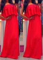 Rosewe Off The Shoulder Red Chiffon Maxi Dress