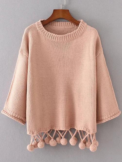 Shein Pink Drop Shoulder Pom Pom Hem Sweater