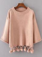 Shein Pink Drop Shoulder Pom Pom Hem Sweater