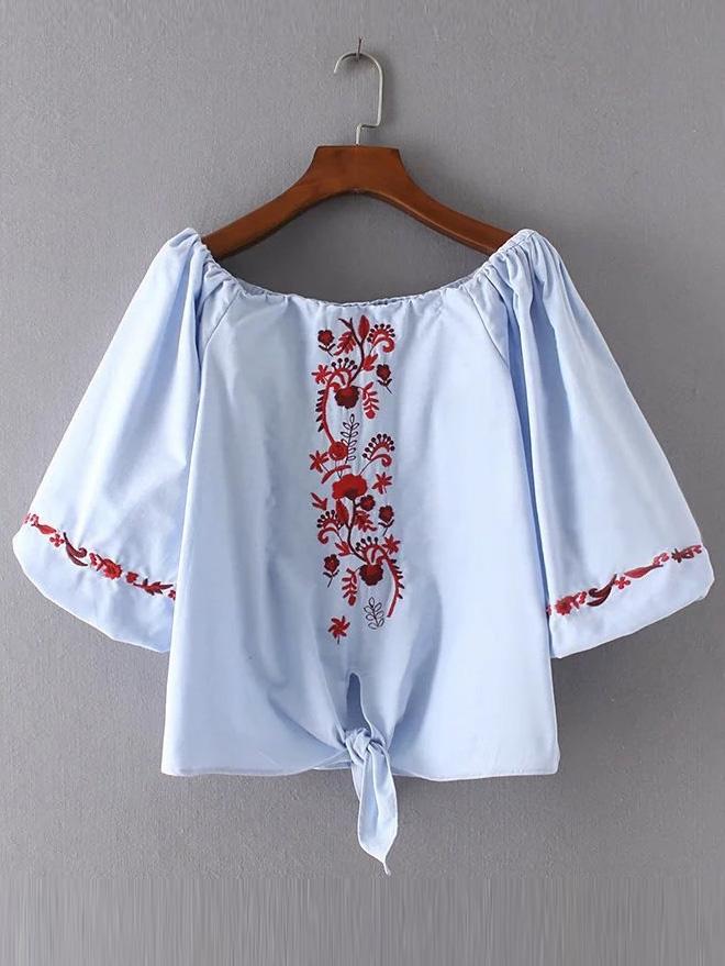 Shein Boat Neckline Raglan Sleeve Knot Front Blouse