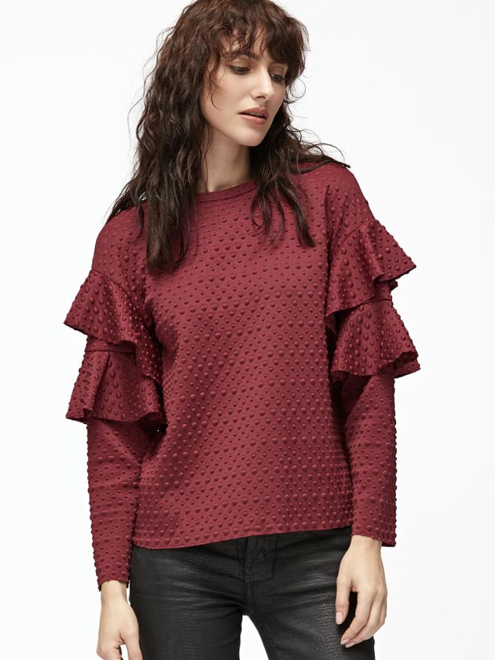 Shein Burgundy Polka Dot Embossed Layered Ruffle Sleeve Blouse