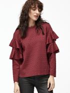 Shein Burgundy Polka Dot Embossed Layered Ruffle Sleeve Blouse