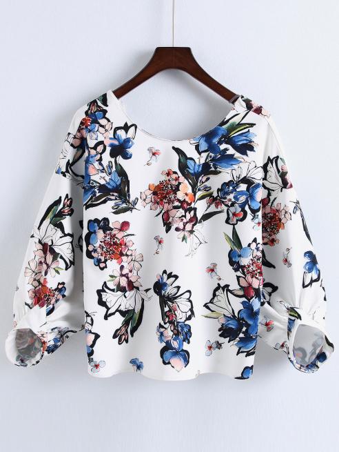 Shein White Flower Print V Back Blouse