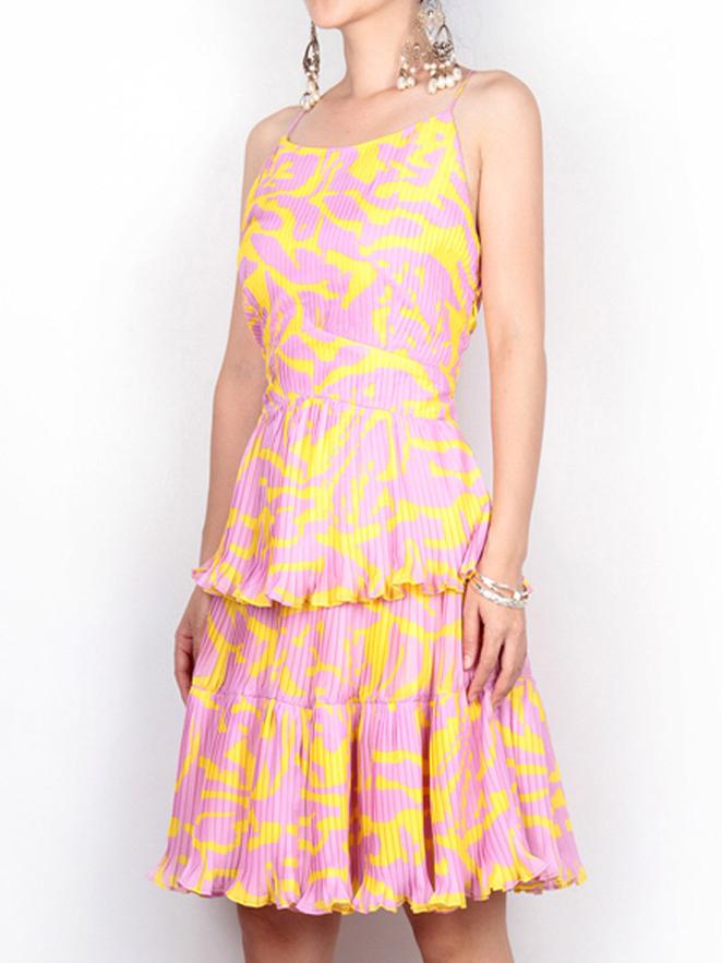 Shein Yellow Spaghetti Strap Backless Ruffle Pleated Dress