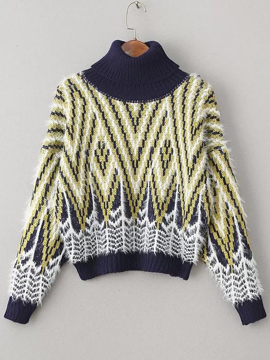 Shein Yellow Graphic Pattern Turtleneck Mohair Sweater