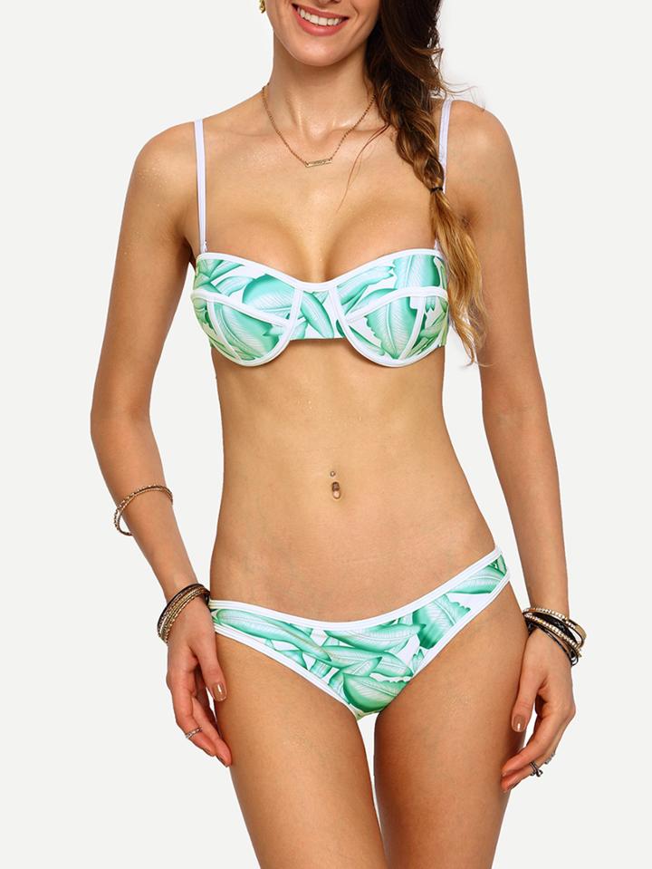 Shein Contrast Binding Leaf Print Bikini Set