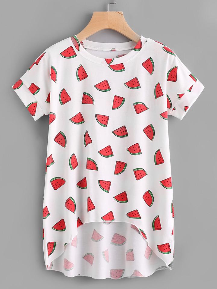 Shein Watermelon Print Dip Hem Tee