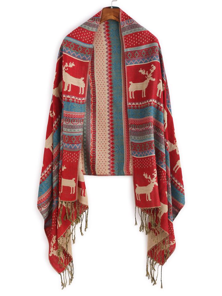Shein Red Tribal Print Long Tassel Scarf