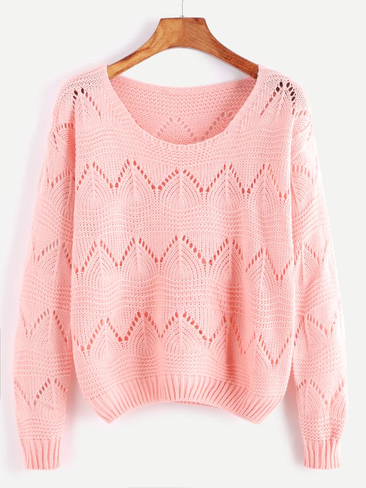 Shein Pink Round Neck Eyelet Sweater