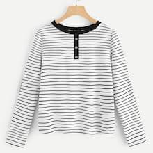 Shein Button Front Striped Tee With Contrast Elbow Patch