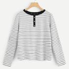 Shein Button Front Striped Tee With Contrast Elbow Patch