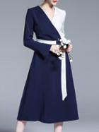 Shein Blue Contrast White V Neck Belted Dress