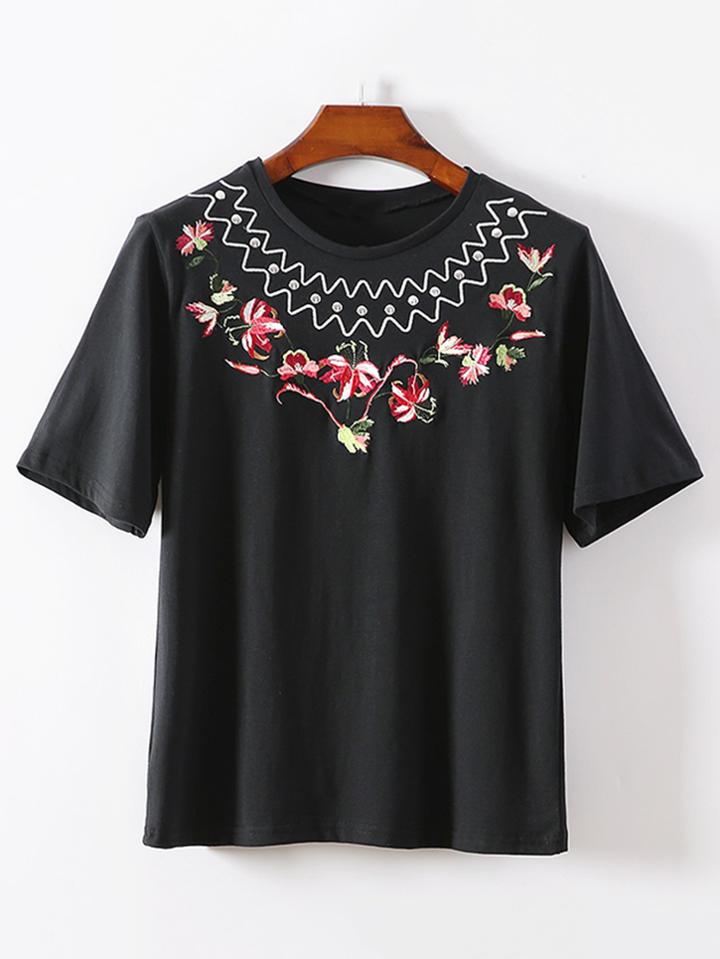 Shein Flower Embroidery Rhinestone Embellished Tee