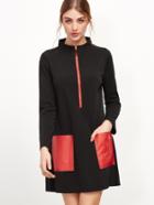 Shein Black Stand Collar Contrast Pockets Zipper Dress
