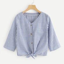 Shein Knot Hem V Neck Striped Blouse