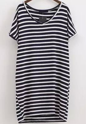 Shein Navy V Neck Short Sleeve Striped Dress