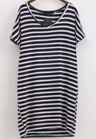 Shein Navy V Neck Short Sleeve Striped Dress