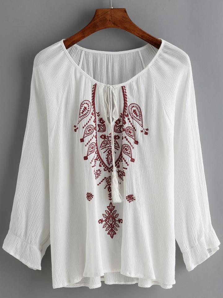 Shein White Raglan Sleeve Embroidered Lace Up Blouse