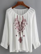 Shein White Raglan Sleeve Embroidered Lace Up Blouse