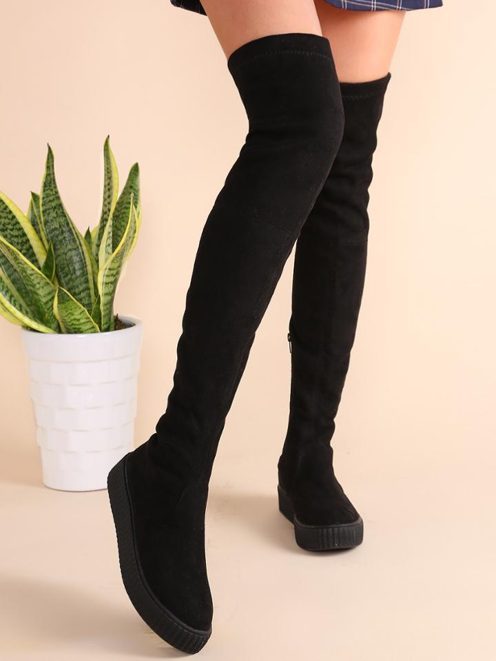 Shein Black Round Toe Zipper Over The Knee Boots