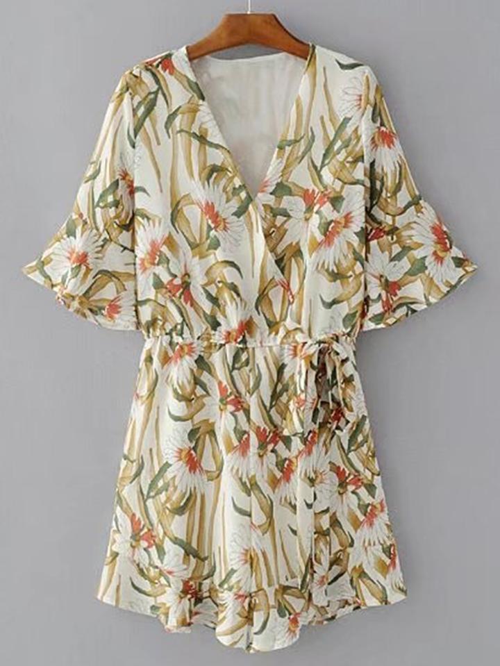 Shein Trumpet Sleeve Surplice Wrap Botanical Romper