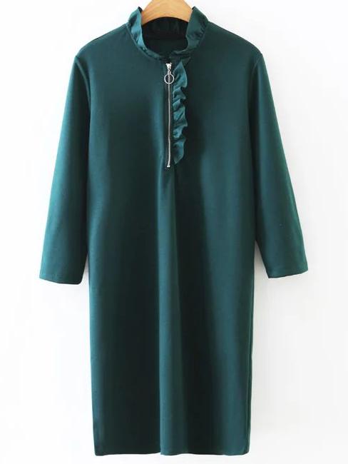 Shein Green Ruffle Detail Zipper Up Dress