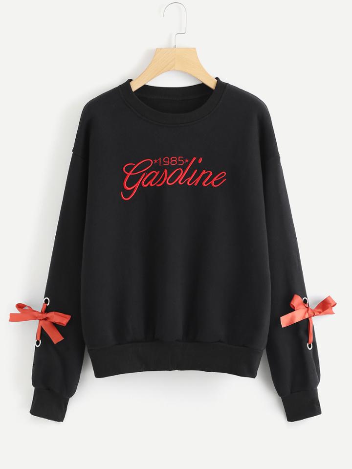 Shein Ribbon Tie Detail Letter Embroidered Pullover