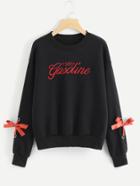 Shein Ribbon Tie Detail Letter Embroidered Pullover
