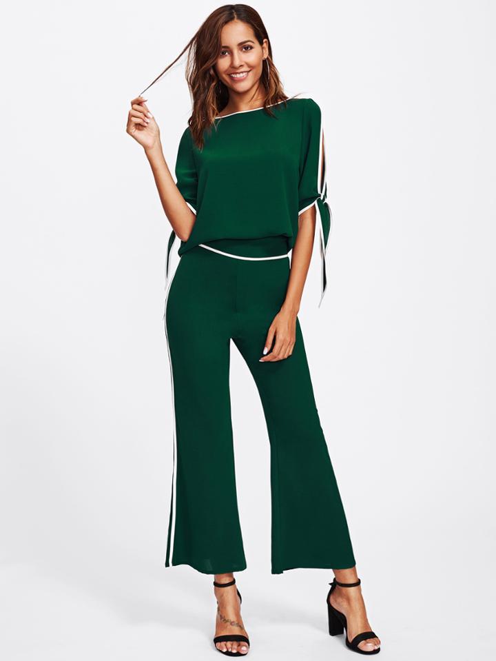 Shein Contrast Binding Split Sleeve Top And Flared Pants Set