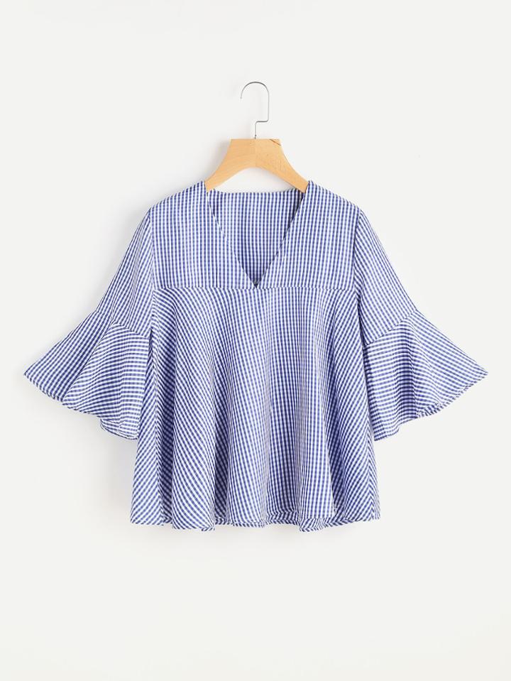 Shein Gingham V Neckline Flute Sleeve Blouse