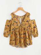 Shein Open Shoulder Keyhole Back Calico Print Tiered Peasant Blouse