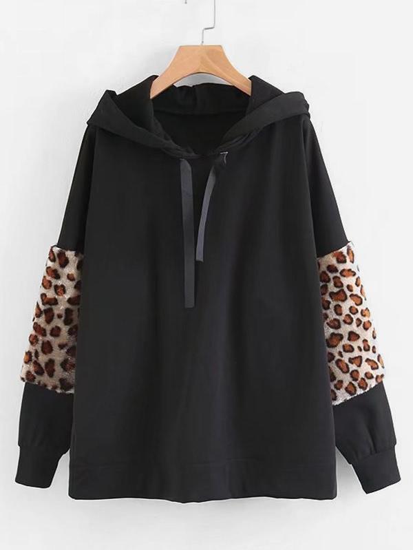 Shein Contrast Leopard Panel Boyfriend Hoodie